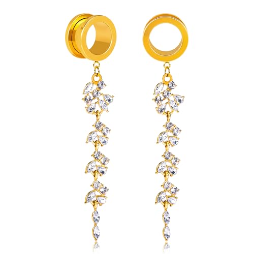 DOEARKO Ohr Flesh Tunnel Ohr Tunnel mit Anhänger Silber Ohr Piercing Double Flared Piercing Schmuck Edelstahl Ohr Expander Ohrplugs für Frauen und Männer Gold 14mm von DOEARKO
