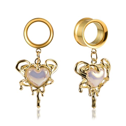 DOEARKO Ohr Tunnel 1 Paar Double Flared Flesh Tunnel mit Herz Anhänger Edelstahl Ohr Piercing Schmuck Expander Ohrplugs für Frauen und Männer (Gold, 16MM) von DOEARKO
