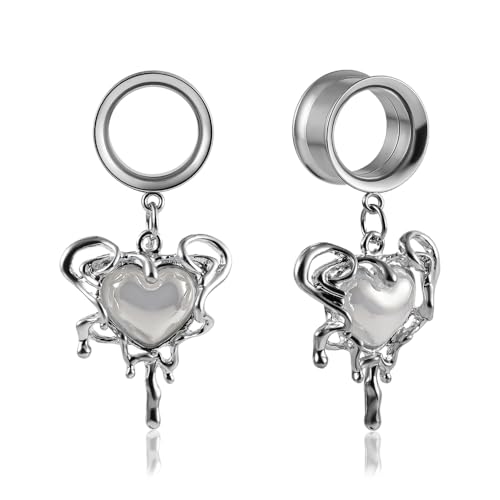 DOEARKO Ohr Tunnel 1 Paar Double Flared Flesh Tunnel mit Herz Anhänger Edelstahl Ohr Piercing Schmuck Expander Ohrplugs für Frauen und Männer (Silber, 8MM) von DOEARKO