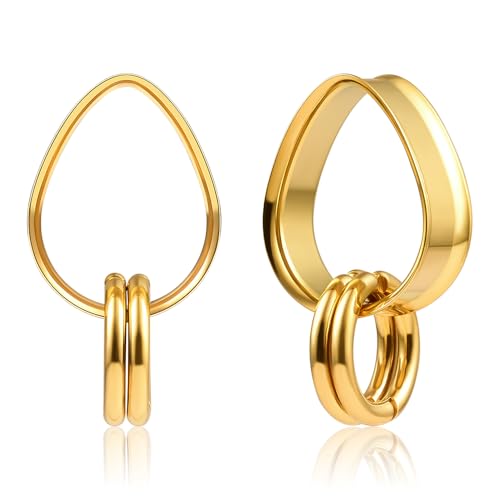 DOEARKO Ohr Tunnel 1 Paare Double Flared Ohr Flesh Tunnel 4 Ring Edelstahl Ohr Plug Expander Ohrpiercing Gestreckte Schmuck für Frauen und Männer(Gold,16mm) von DOEARKO