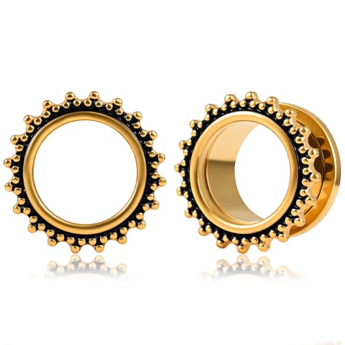 DOEARKO Ohr Tunnel 1 Paare Double Flared Vintage Ohr Flesh Tunnel Edelstahl Ohr Plug Expander Ohrpiercing Gestreckte Schmuck für Frauen und Männer(Gold,14mm) von DOEARKO