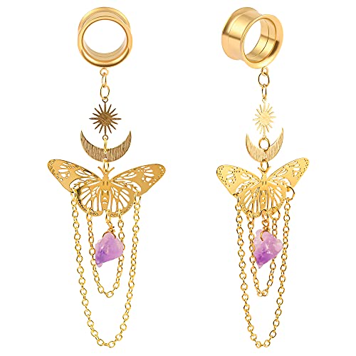 DOEARKO Ohr Tunnel mit Anhänger Schmetterling Ohr Flesh Tunnel Double Flared Ohr Piercing Schmuck Edelstahl Ohr Expander Ohrplugs für Frauen und Männer（Gold，10mm） von DOEARKO