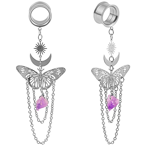 DOEARKO Ohr Tunnel mit Anhänger Schmetterling Ohr Flesh Tunnel Double Flared Ohr Piercing Schmuck Edelstahl Ohr Expander Ohrplugs für Frauen und Männer（Silber，14mm） von DOEARKO