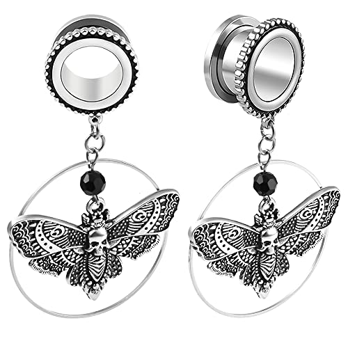DOEARKO Ohr Tunnel mit Anhänger Schmetterling Ohr Flesh Tunnel Double Flared Ohr Piercing Schmuck Edelstahl Ohr Expander Ohrplugs für Frauen und Männer 8mm-16mm (Silber-1, 25MM) von DOEARKO