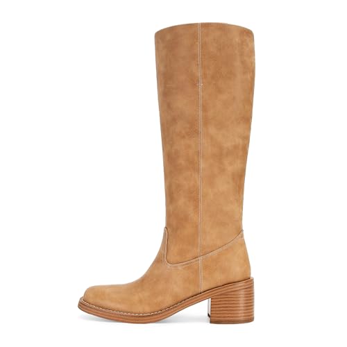 DOEYG Damen Banana Kniehohe Stiefel Quadratische Zehe Chunky Blockabsatz Hohe Stiefel Weite Wade Mode Bequem Casual Pull On Lange Stiefel, Helles Hellbraun, 37 EU von DOEYG