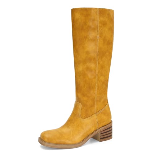 DOEYG Damen Banana Kniehohe Stiefel Quadratische Zehe Chunky Blockabsatz Hohe Stiefel Weite Wade Mode Bequem Casual Pull On Lange Stiefel, gelb, 39.5 EU von DOEYG