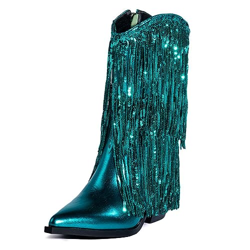 DOEYG Metallic Fransen Cowboystiefel für Frauen Sparkly Pointed Toe Pull on Chunky Heel Mid Calf Boots, Grün , 40 EU DOEYG Metallic Fransen Cowboystiefel für Frauen Sparkly Pointed Toe Pull on Chunky Heel Mid Calf Boots, Grün , 40 EU von DOEYG