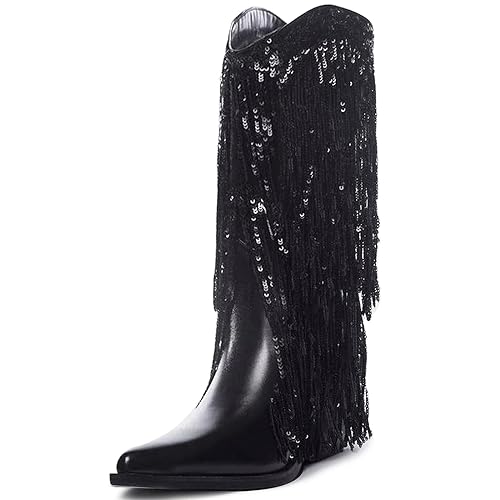 DOEYG Metallic Fransen Cowboystiefel für Frauen Sparkly Pointed Toe Pull on Chunky Heel Mid Calf Boots, Schwarz, 38 EU von DOEYG