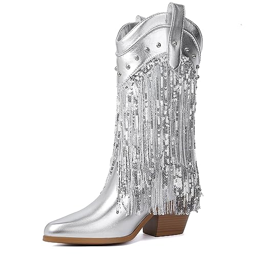 DOEYG Metallic Fransen Cowboystiefel für Frauen Sparkly Pointed Toe Pull on Chunky Heel Mid Calf Boots, Silber-Nieten, 40.5 EU von DOEYG