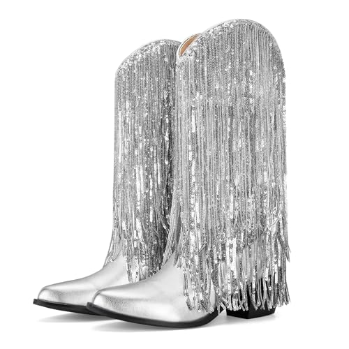 DOEYG Metallic Fransen Cowboystiefel für Frauen Sparkly Pointed Toe Pull on Chunky Heel Mid Calf Boots, silber, 40.5 EU von DOEYG