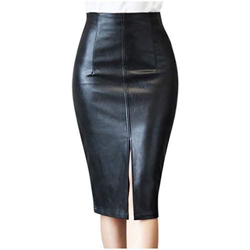 DOExert Damen Slim Fit Enger Lederrock - Frauen Casual Bequem Bleistiftkleid Hohe Taille Reißverschluss Schlitz Tasche Hüftrock Schwarz von DOExert