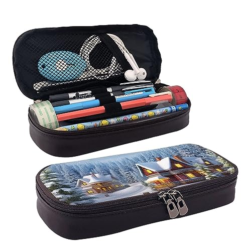 Christmas Winter Happy Scene Printed Cute Pencil Case Aesthetic Pencil Pouch Special Pen Case Artificial Leather Pencil Bag Durable Pencil Box Zipper Pencil Cases For Men Women Office Work And Study, von DOFFO