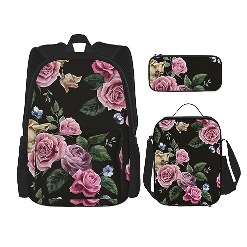 DOFFO Black Blackgound Rucksack-Set, Reise-Laptop-Rucksack für Damen und Herren, lässige Büchertasche mit Lunch-Tasche, Federmäppchen, 3-teilig, Schwarz, Einheitsgröße, Schwarz , Einheitsgröße von DOFFO