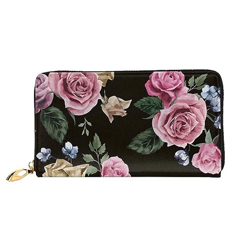 DOFFO Blau Deep Ocean Print Leder Brieftasche Für Frauen Geldbörse Fall Brieftasche Schlank Reißverschluss Telefon Kleingeld Geldbörse Kupplung Kartenhalter, Schwarz Blackgound Rose, Einheitsgröße von DOFFO