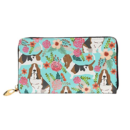 DOFFO Blau Hibiskus Druck Leder Brieftasche Für Frauen Geldbörse Fall Brieftasche Schlank Reißverschluss Telefon Kleingeld Geldbörse Kupplung Kartenhalter, Süßer Basset Hound Blumen., Einheitsgröße von DOFFO