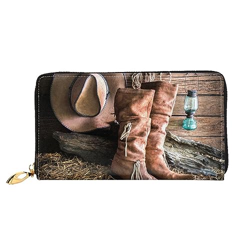 DOFFO Blau Ozean Print Leder Brieftasche Für Frauen Geldbörse Schlank Reißverschluss Telefon Kleingeld Geldbörse Kupplung Kartenhalter Fall Brieftasche, Cowgirl-Stiefelhut im Bauernhof., Einheitsgröße von DOFFO