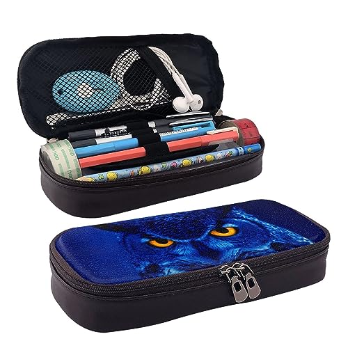 DOFFO Blaue Eule Gedruckt Niedlich Bleistift Fall Ästhetische Bleistift Tasche Spezielle Stift Fall Kunstleder Bleistift Tasche Langlebig Bleistift Box Reißverschluss Federmäppchen Für Männer Frauen von DOFFO