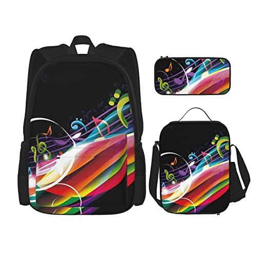 DOFFO Bunte Musikdruck-Rucksack-Set, Reise-Laptop-Rucksack für Damen und Herren, lässige Büchertasche mit Lunch-Tasche, Bleistifttasche, 3-teilig, Schwarz, Einheitsgröße, Schwarz , Einheitsgröße von DOFFO