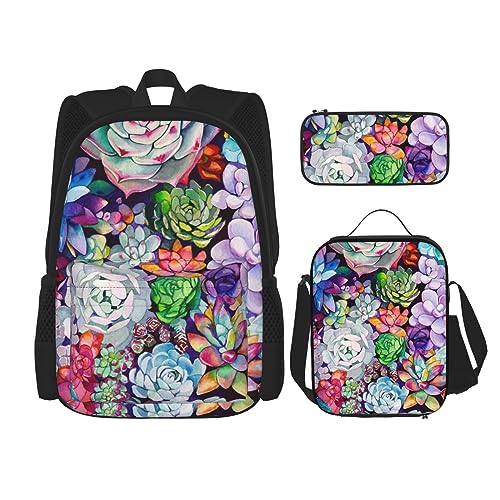 DOFFO Bunte Sukkulenten-Druck-Rucksack-Set, Reise-Laptop-Rucksack für Damen und Herren, lässige Büchertasche mit Lunch-Tasche, Bleistifttasche, 3-teilig, Schwarz, Einheitsgröße, Schwarz , von DOFFO