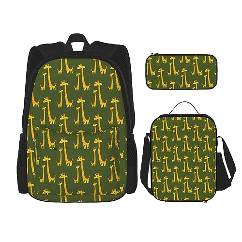 DOFFO Cartoon-Giraffen-Druck-Rucksack-Set, Reise-Laptop-Rucksack für Damen und Herren, lässige Büchertasche mit Lunch-Tasche, Bleistifttasche, 3-teilig, Schwarz, Einheitsgröße, Schwarz , Einheitsgröße von DOFFO