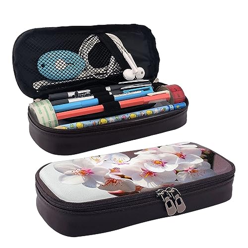 DOFFO Cherry Blossoms Printed Cute Pencil Case Aesthetic Pencil Pouch Special Pen Case Artificial Leather Pencil Bag Durable Pencil Box Zipper Pencil Cases For Men Women Office Work And Study, Schwarz von DOFFO