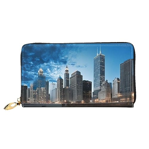 DOFFO Chicago Ledergeldbörse für Damen, reflektierter Druck, schmal, Reißverschluss, Handy-Wechselgeldbörse, Clutch, Kartenhalter, Schwarz, Einheitsgröße, Schwarz , Einheitsgröße von DOFFO