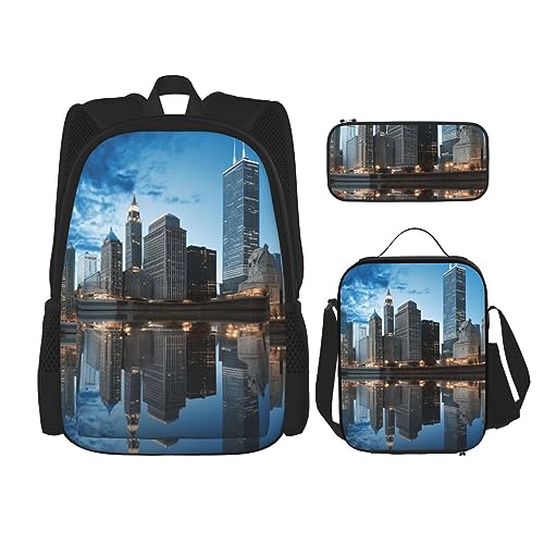 DOFFO Chicago Rucksack mit reflektiertem Druck, Reise-Laptop-Rucksack für Damen und Herren, lässige Büchertasche mit Lunch-Tasche, Federmäppchen, 3-teilig, Schwarz, Einheitsgröße, Schwarz , von DOFFO