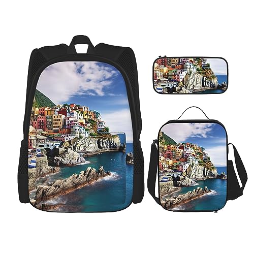 DOFFO Cinque Terre Rucksack-Set mit Landschaftsdruck, Reise-Laptop-Rucksack für Damen und Herren, lässige Büchertasche mit Lunch-Tasche, Federmäppchen, 3-teilig, Schwarz, Einheitsgröße, Schwarz , von DOFFO