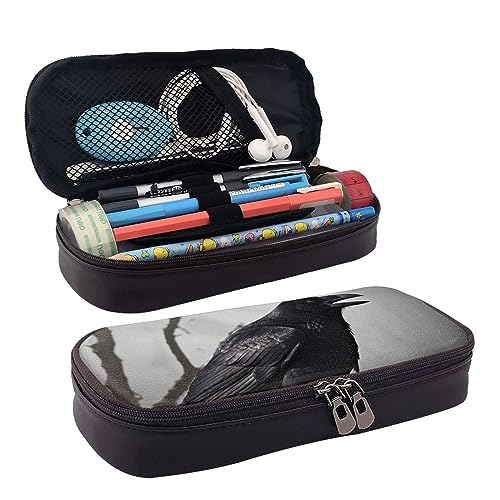 DOFFO Crow Birds Printed Cute Pencil Case Aesthetic Pencil Pouch Special Pen Case Artificial Leather Pencil Bag Durable Pencil Box Zipper Pencil Cases For Men Women Office Work And Study, Schwarz , von DOFFO