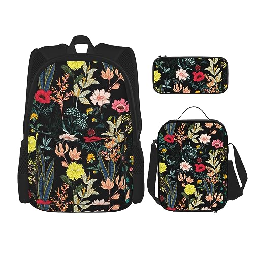 DOFFO Farbenfrohes Boho-Rucksack-Set, Reise-Laptop-Rucksack für Damen und Herren, lässige Büchertasche mit Lunch-Tasche, Bleistifttasche, 3-teilig, Schwarz, Einheitsgröße, Schwarz , Einheitsgröße von DOFFO