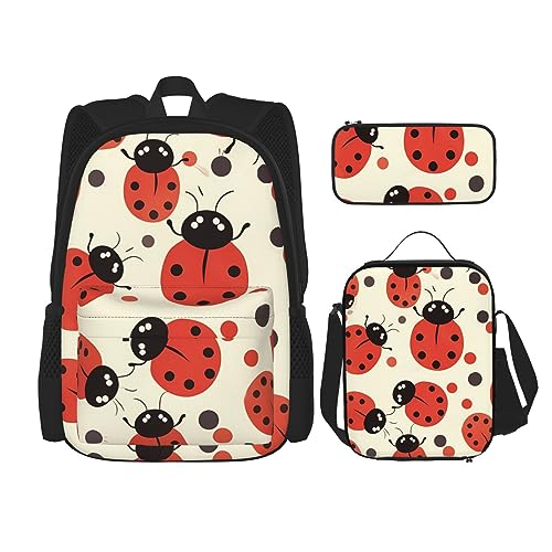 DOFFO Funny Ladybug Print Backpack Set, Travel Laptop Backpack For Women Men Casual Bookbag With Lunch Bag Pencil Pouch 3 Pcs, Black, One Size, Schwarz , Einheitsgröße von DOFFO