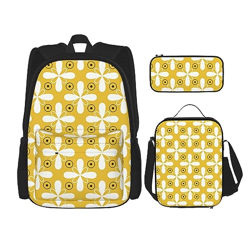 DOFFO Gelbes Rucksack-Set mit floralem Schottenmuster, Reise-Laptop-Rucksack für Damen und Herren, lässige Büchertasche mit Lunch-Tasche, Bleistifttasche, 3-teilig, Schwarz, Einheitsgröße, Schwarz , von DOFFO