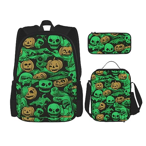 DOFFO Green Ghost Horror Halloween Kürbis Print Rucksack-Set, Reise-Laptop-Rucksack für Damen und Herren, lässige Büchertasche mit Lunch-Tasche, Federmäppchen, 3 Stück, Schwarz, Einheitsgröße, Schwarz von DOFFO