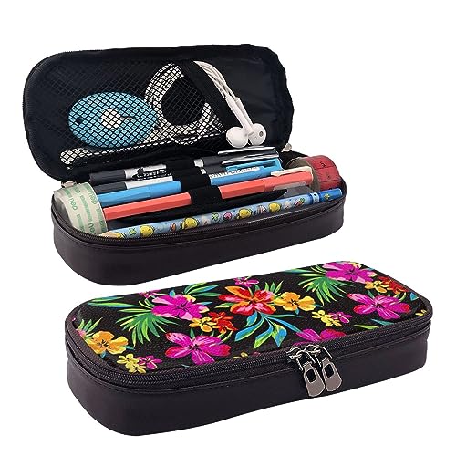 DOFFO Hawaiian Flower Printed Cute Pencil Case Aesthetic Pencil Pouch Special Pen Case Artificial Leather Pencil Bag Durable Pencil Box Zipper Pencil Cases For Men Women Office Work And Study, Schwarz von DOFFO