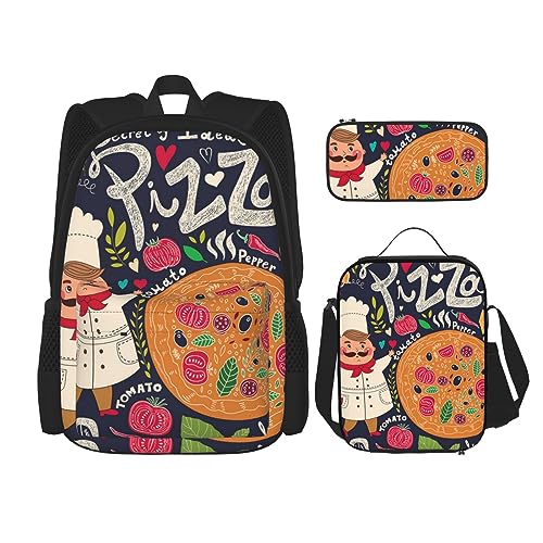 DOFFO Koch-Pizza-Druck-Rucksack-Set, Reise-Laptop-Rucksack für Damen und Herren, lässige Büchertasche mit Lunch-Tasche, Bleistifttasche, 3-teilig, Schwarz, Einheitsgröße, Schwarz , Einheitsgröße von DOFFO