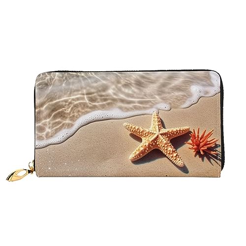 DOFFO Lila Elegante Pfingstrose Blume Druck Leder Brieftasche Für Frauen Geldbörse Schlank Reißverschluss Telefon Kleingeld Geldbörse Kupplung Kartenhalter Fall Brieftasche, Strand Seestern, von DOFFO