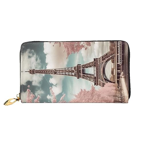 DOFFO Lila Elegante Pfingstrose Blume Druck Leder Brieftasche Für Frauen Geldbörse Schlank Reißverschluss Telefon Kleingeld Geldbörse Kupplung Kartenhalter Fall Brieftasche, Vintage Style Eiffelturm von DOFFO