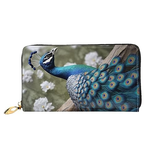 DOFFO Lila Elegante Pfingstrose Blume Druck Leder Brieftasche Für Frauen Geldbörse Schlank Reißverschluss Telefon Kleingeld Geldbörse Kupplung Kartenhalter Fall Brieftasche, Wunderschöner Pfau, von DOFFO