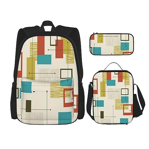 DOFFO Mid Century Modernes Druck-Rucksack-Set, Reise-Laptop-Rucksack für Damen und Herren, lässige Büchertasche mit Lunch-Tasche, Federmäppchen, 3-teilig, Schwarz, Einheitsgröße, Schwarz , von DOFFO