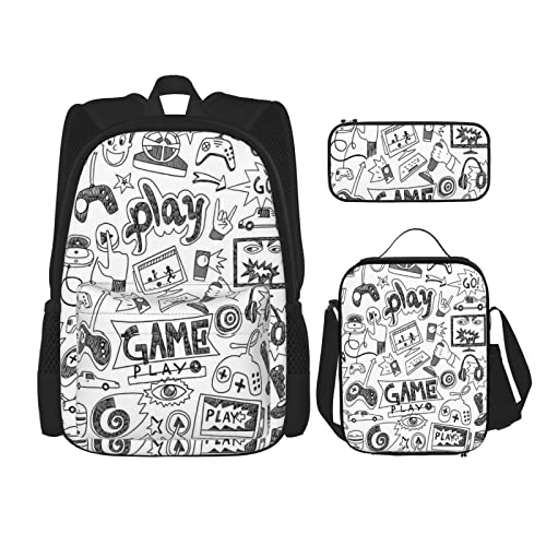 DOFFO Monochromer Rucksack im Skizzen-Stil, Gaming-Druck, Reise-Laptop-Rucksack für Damen und Herren, lässige Büchertasche mit Lunch-Tasche, Federmäppchen, 3-teilig, Schwarz, Einheitsgröße, Schwarz , von DOFFO