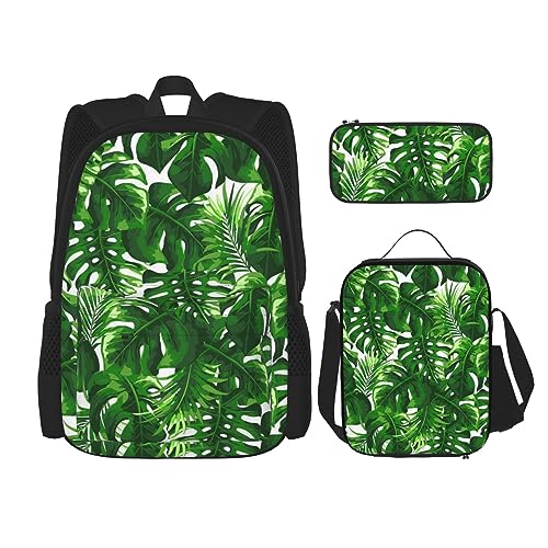 DOFFO Monstera Deliciosa Rucksack mit Bananenpalmendruck, Reise-Laptop-Rucksack für Damen und Herren, lässige Büchertasche mit Lunch-Tasche, Federmäppchen, 3 Stück, Schwarz, Einheitsgröße, Schwarz , von DOFFO