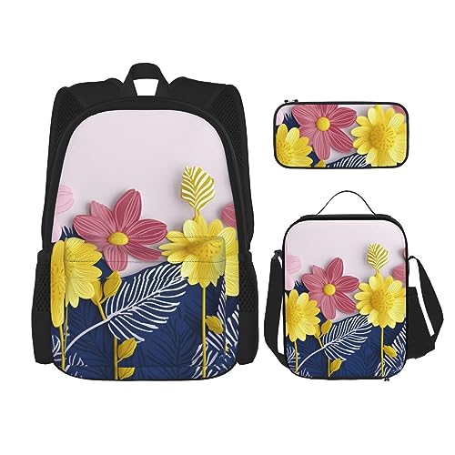 DOFFO Niedliches dekoratives Blumen-Druck-Rucksack-Set, Reise-Laptop-Rucksack für Damen und Herren, lässige Büchertasche mit Lunch-Tasche, Bleistifttasche, 3-teilig, Schwarz, Einheitsgröße, von DOFFO