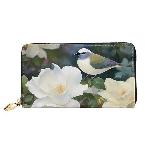 DOFFO Pfauenfedern Drucken Leder Brieftasche Für Frauen Geldbörse Schlank Reißverschluss Telefon Kleingeld Geldbörse Kupplung Kartenhalter Fall Brieftasche, Gardenia Blumen Vögel, Einheitsgröße von DOFFO