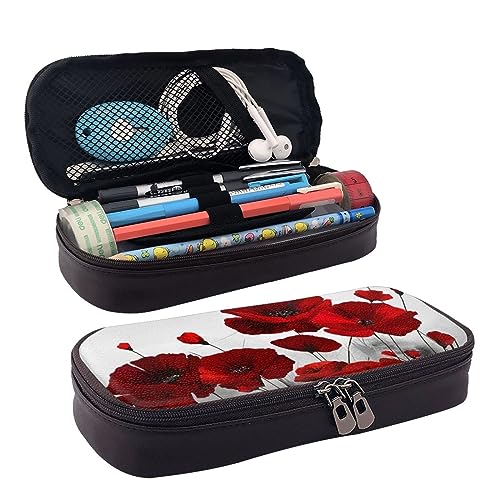 DOFFO Red Poppy Flower Printed Cute Pencil Case Aesthetic Pencil Pouch Special Pen Case Artificial Leather Pencil Bag Durable Pencil Box Zipper Pencil Cases For Men Women Office Work And Study, von DOFFO