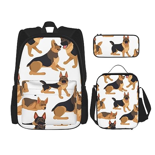 DOFFO Rucksack-Set, Motiv: Deutscher Schäferhund, Reise-Laptop-Rucksack für Damen und Herren, lässige Büchertasche mit Lunch-Tasche, Federmäppchen, 3-teilig, Schwarz, Einheitsgröße, Schwarz , von DOFFO