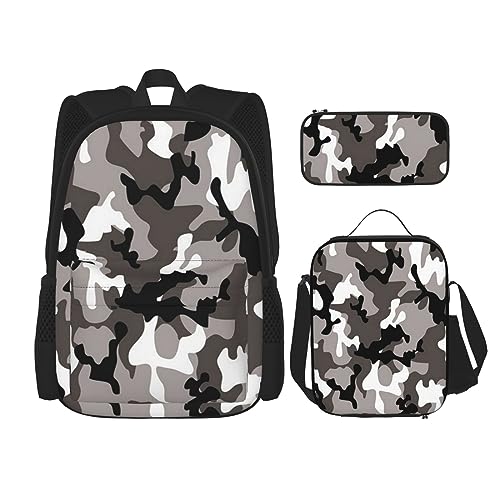 DOFFO Rucksack-Set, Schwarz, Grau, Weiß, Camouflage-Druck, Reise-Laptop-Rucksack für Damen und Herren, lässige Büchertasche mit Lunch-Tasche, Bleistifttasche, 3-teilig, Schwarz, Einheitsgröße, von DOFFO