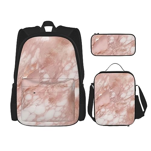 DOFFO Rucksack-Set, rotgoldener Marmor-Hintergrund, Reise-Laptop-Rucksack für Damen und Herren, lässige Büchertasche mit Lunch-Tasche, Federmäppchen, 3 Stück, Schwarz, Einheitsgröße, Tagesrucksäcke, von DOFFO