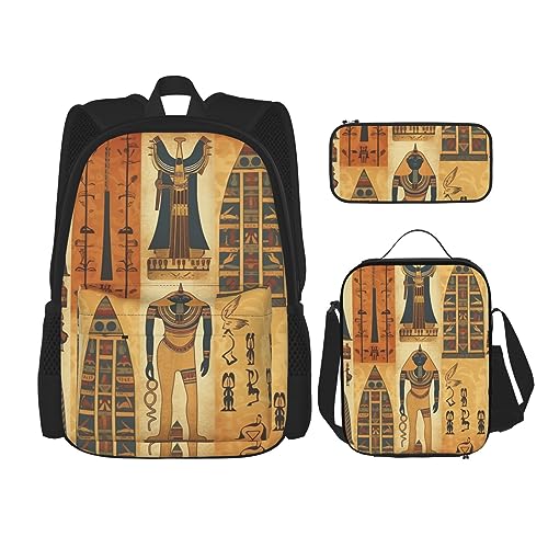 DOFFO Rucksack-Set aus der antiken Ägypten-Stammes-Serie, Reise-Laptop-Rucksack für Damen und Herren, lässige Büchertasche mit Lunch-Tasche, Federmäppchen, 3 Stück, Schwarz, Einheitsgröße, Schwarz , von DOFFO