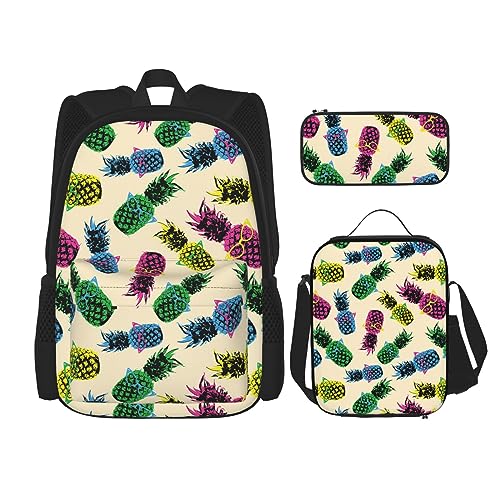 DOFFO Rucksack-Set mit Ananas-Druck, Reise-Laptop-Rucksack für Damen und Herren, lässige Büchertasche mit Lunch-Tasche, Bleistifttasche, 3-teilig, Schwarz, Einheitsgröße, Schwarz , Einheitsgröße von DOFFO