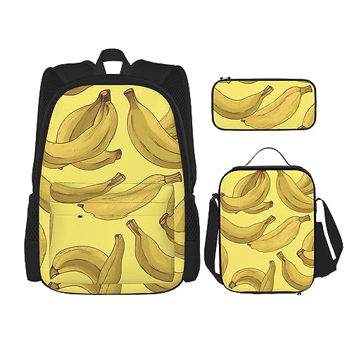 DOFFO Rucksack-Set mit Bananenmuster, Reise-Laptop-Rucksack für Damen und Herren, lässige Büchertasche mit Lunch-Tasche, Bleistifttasche, 3-teilig, Schwarz, Einheitsgröße, Schwarz , Einheitsgröße von DOFFO